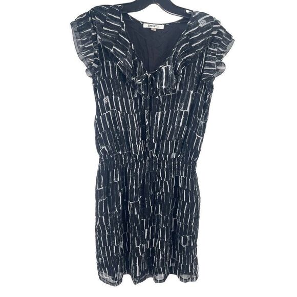 DKNY DKNYC A Line Dress Silk Printed Short Sleeve Key Hole Neck Black Small - Picture 5 of 15